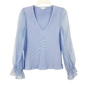 S'EDGE Blue Mixed Media Blouse Size S V-neck Sheer Long Sleeve Jersey Rib Body